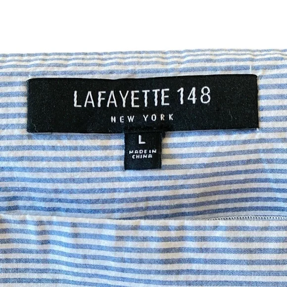 Lafayette 148 New York Blue Pinstripe 100% Cotton Square Neck Puff Sleeve Top L - Picture 3 of 6